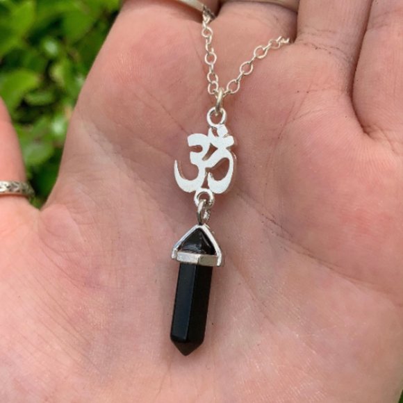 Obsidian Point Om Symbol Sterling Silver Pendant, Protection Stone, Grounding - Picture 1 of 4